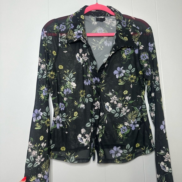 AFRM Sheer Mesh Floral Button Down Blouse – Black Purple Green XL Y2K Romantic - Picture 1 of 6